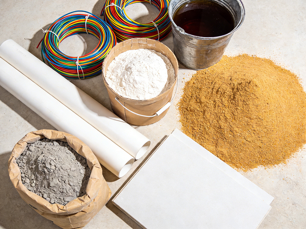 水泥、沙子、石膏板、膩子粉、水管、電線(xiàn)、防水涂料